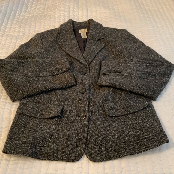 L.L.Bean Classic Herringbone Wool And Silk Grey Blazer Jacket Size M - Picture 5 of 9